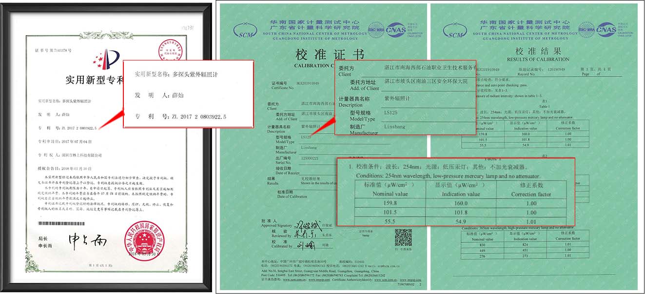 Certificates for LS125 UV radiometer host +UVB-X0 probe