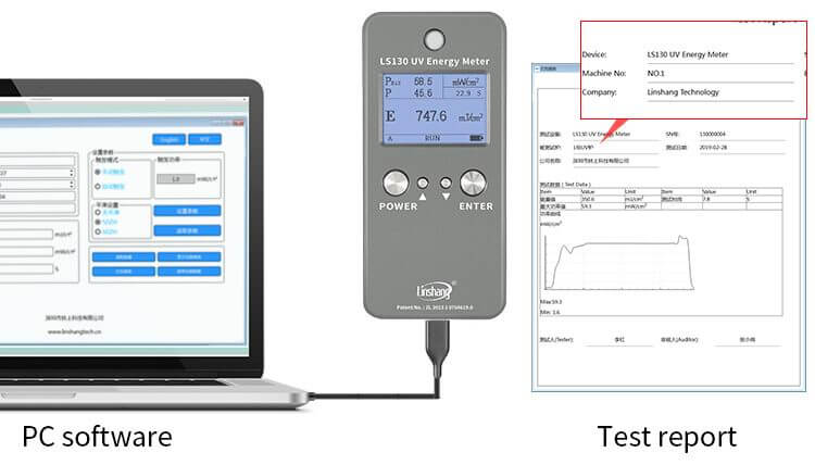 LS130 UV energy tester connected to a computer to export the report LS130 UV energy tester connected to a computer to export the report