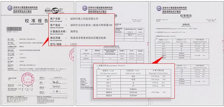 Linshang coating thickness gauge calibration report 