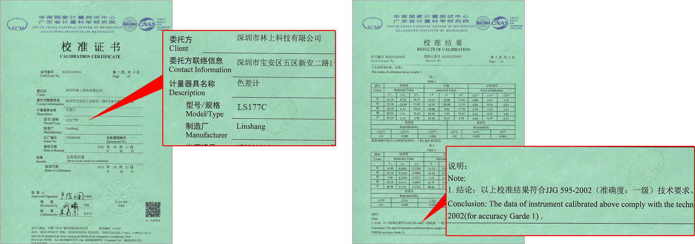 LS177C coffee colorimeter calibration certificate 