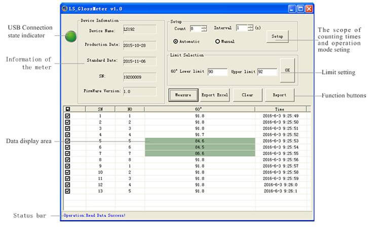 Gloss Meter PC software interface