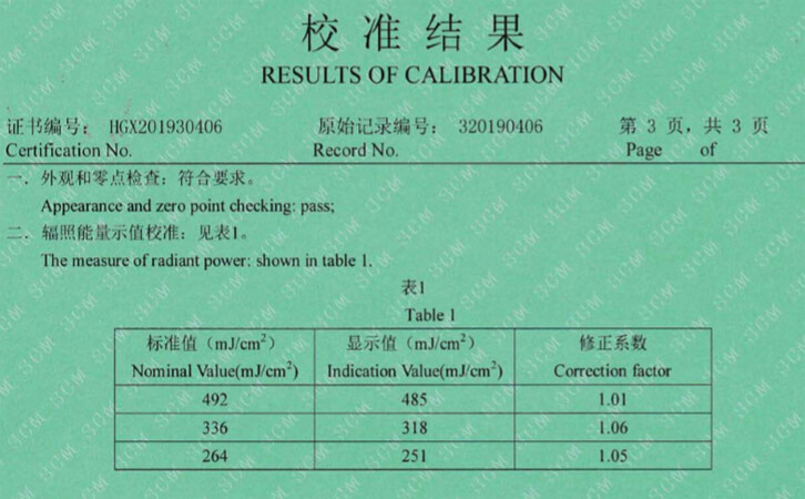 UV energy meter calibration report