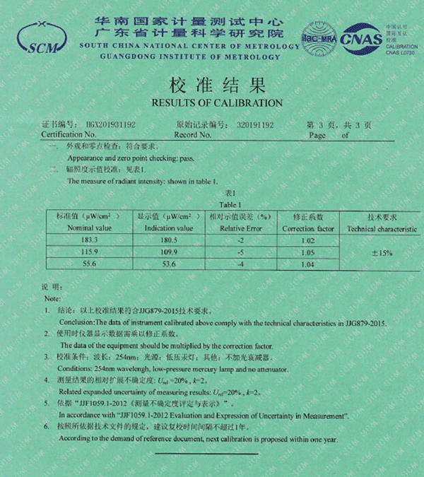 UV radiation meter calibration report